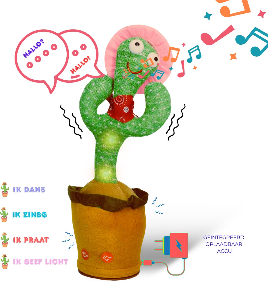 Maxenza Dansende cactus - Pratende Cactus - Dancing Cactus Speelfiguur – 120 Liedjes - Geeft Licht - USB Oplaadbaar – Dansen, Zingen, Praten & Licht – Inclusief USB Kabel – 6M+ - Roos Pet