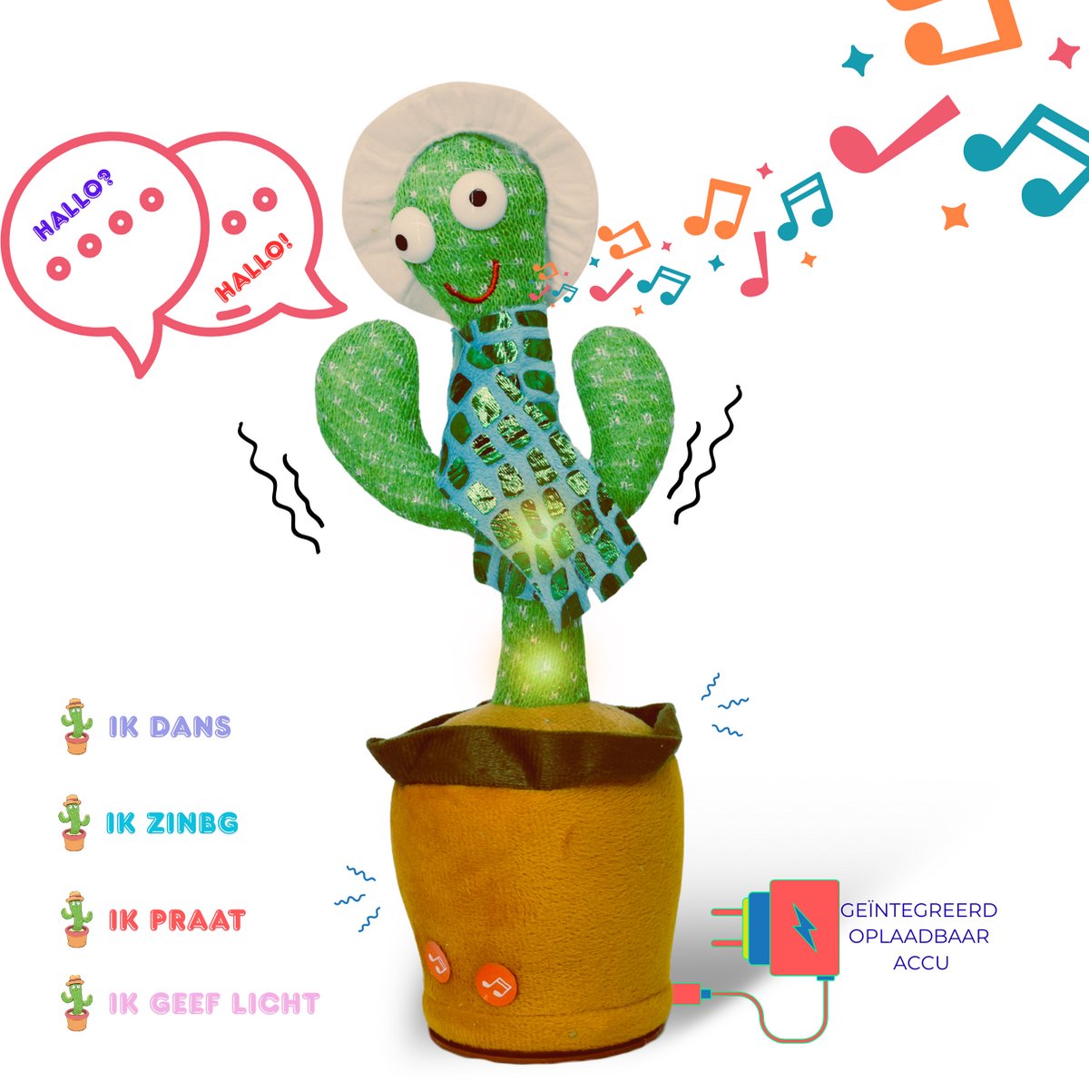 Maxenza Dansende cactus - Pratende Cactus - Dancing Cactus Speelfiguur – 120 Liedjes - Geeft Licht - USB Oplaadbaar – Dansen, Zingen, Praten & Licht – Inclusief USB Kabel – 6M+ - Witte Petje