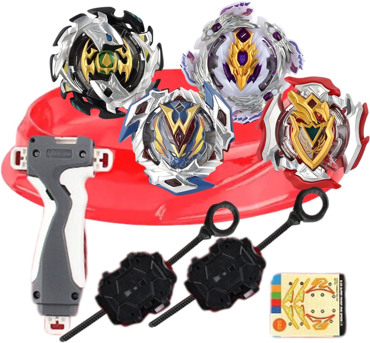 Maxenza Geschikt voor Beyblade X stijl gevechten - Battle Spinner Set – 4 Plastic Gevechtstollen en 2 verzwarings tol – Inclusief 2 Launchers, Laadstation & Arena