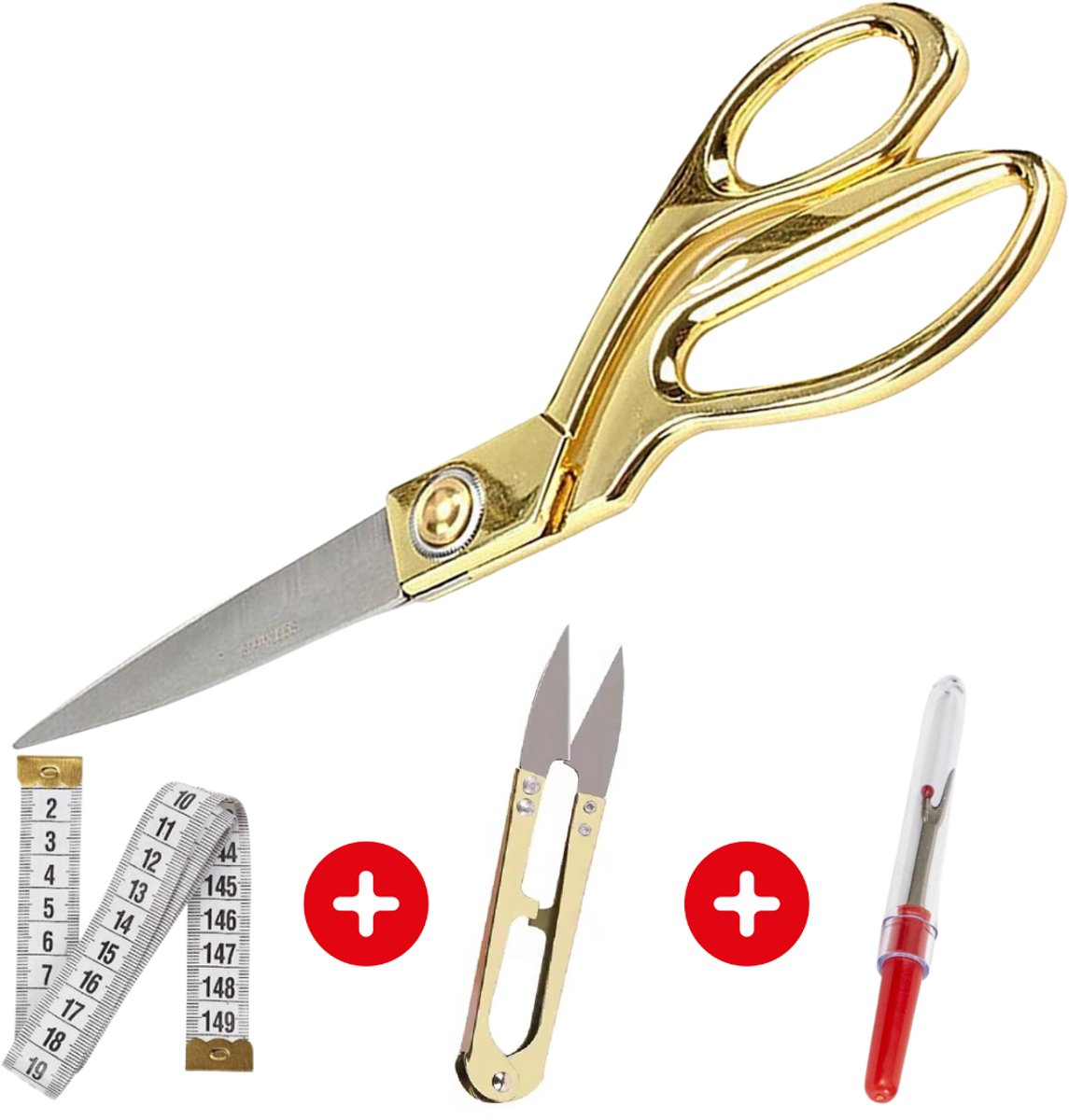 Maxenza Stofschaar - Textielschaar van 26cm in combinatie met een Meetlint van 150cm en Tornmesje en een Garen schaar - Textiel Schaar - Kleermakersschaar - Stoffenschaar - Stofschaar rechtshandig - 4-delige set
