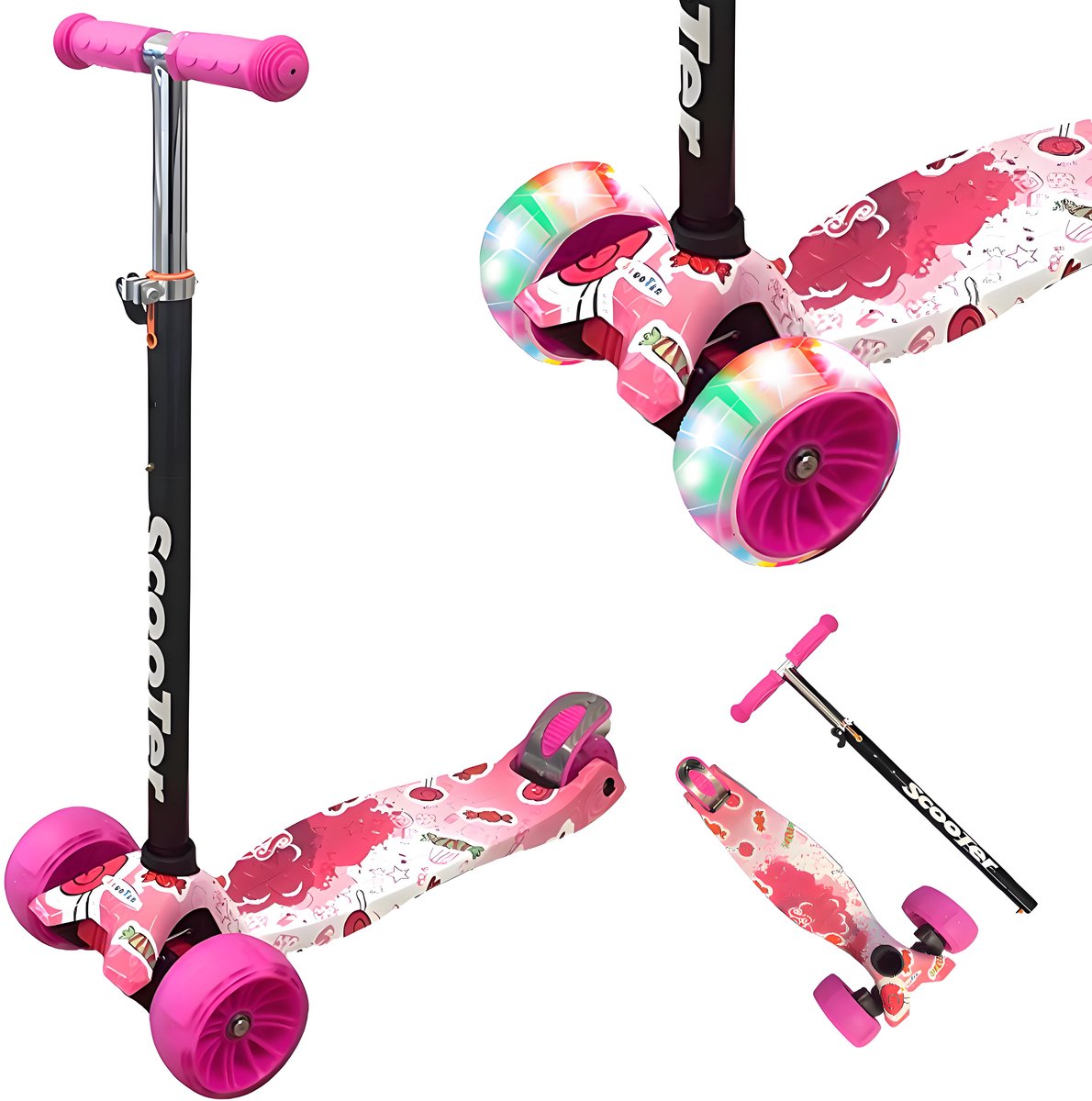 Kinderstep - LED-wielen met flitsende verlichting - max 50kg - leeftijd 3+ - hoogte verstelbaar 61-83 cm (3 standen) Roze