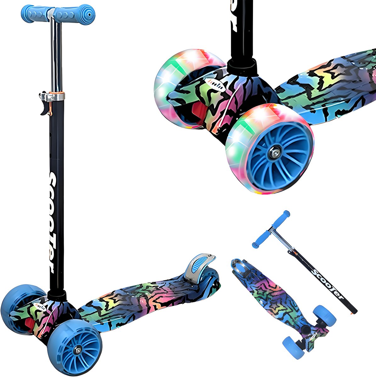 Kinderstep - LED-wielen met flitsende verlichting - max 50kg - leeftijd 6+ - hoogte verstelbaar 61-83 cm (3 standen) Blauw