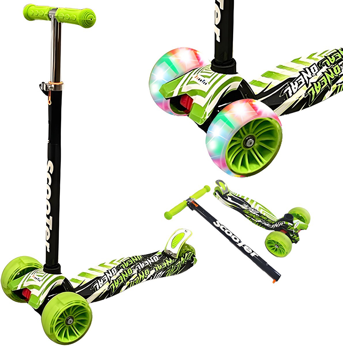 Kinderstep - LED-wielen met flitsende verlichting - max 50kg - leeftijd 6+ - hoogte verstelbaar 61-83 cm (3 standen) Groen