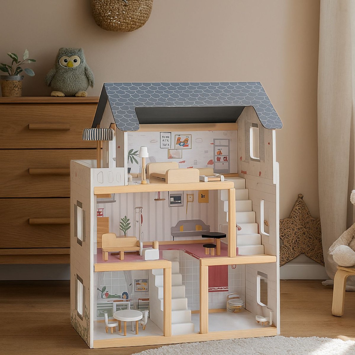 Houten Poppenhuis met Meubels - Dollhouse van Hout - Kinderspeelgoed voor Jongens en Meisjes - 79 Onderdelen en Accessoires - 70 cm - Beige