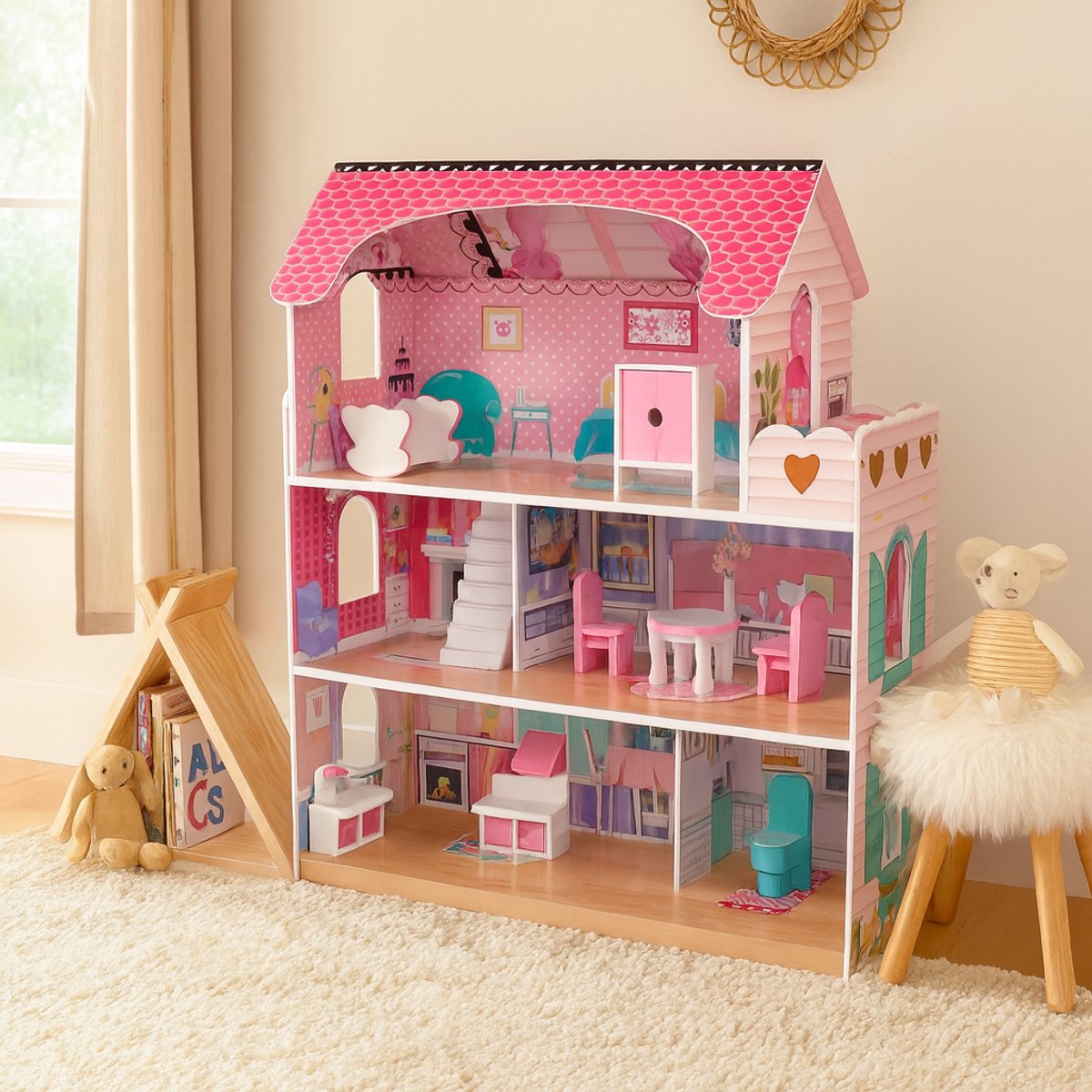 Houten Poppenhuis met Meubels en LED Verlichting - Dollhouse van Hout - Kinderspeelgoed voor Jongens en Meisjes - 79 Onderdelen en Accessoires - 70 cm - Roze