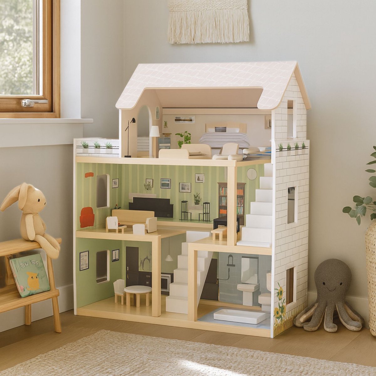 Maxx Kidz - Houten Poppenhuis met Meubels - Dollhouse van Hout - Kinderspeelgoed voor Jongens en Meisjes - Inclusief Accessoires - 80 cm