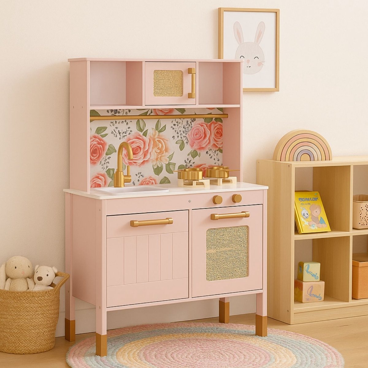 Maxx Kidz - Houten Speelgoed Keuken Roze en Goud - Moderne Speelkeuken - Roze keukentje met Accessoires - Speelgoedkeuken