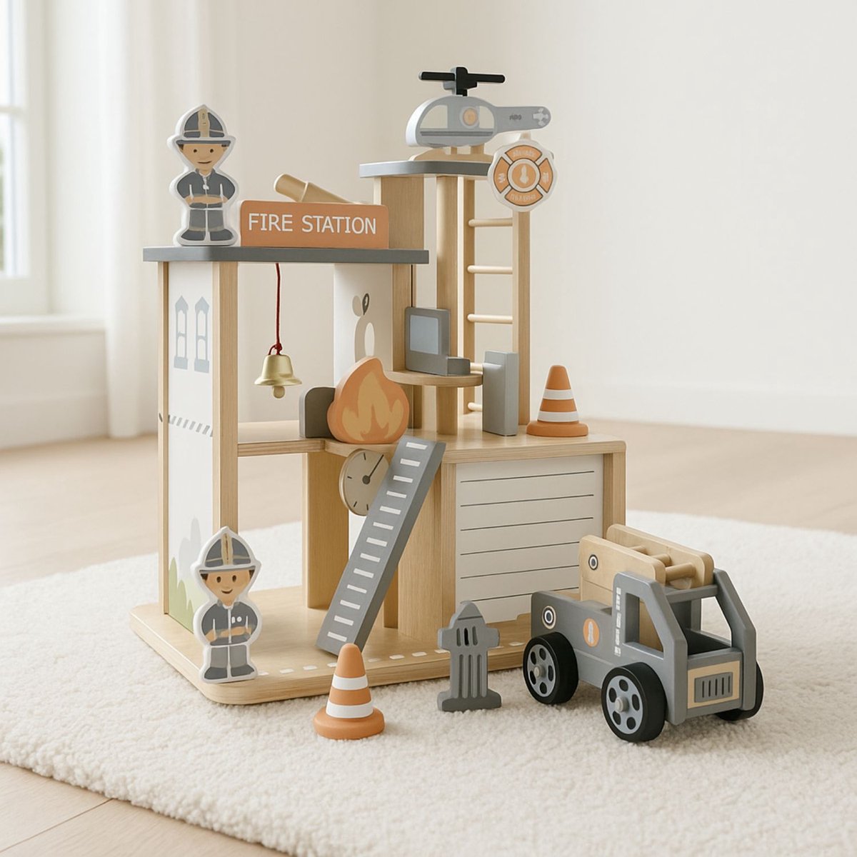 Maxx Kidz Houten Brandweerkazerne - Brandweer Speelgoed - Houten   met Brandweerauto en Accessoires - Peuter Speelgoed vanaf 2 jaar