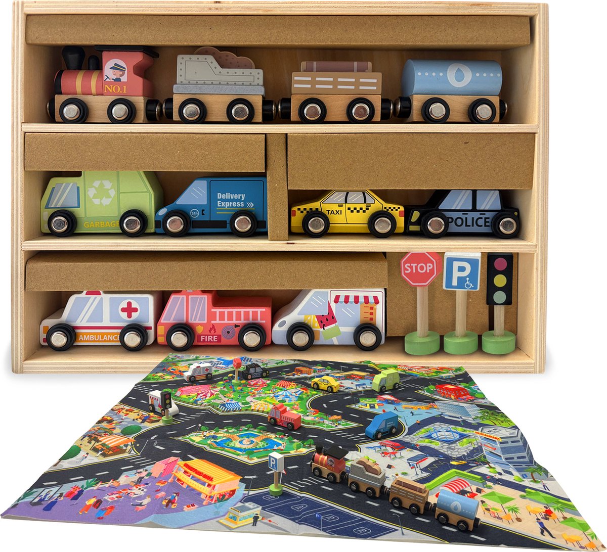 Maxx Kidz Houten Speelgoed Autos, Trein en Speelkleed - Autokleed met 11 Voertuigen - Auto met Magneten - Educatief & Duurzaam Speelgoed - vanaf 2 jaar