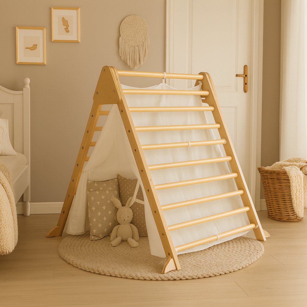   - Houten  - 2 in 1 - Pikler Speeltoestel voor Binnen en Buiten - Tipi tent - Klimdriehoek met Doek - Tipi tent met klimrek - Hout Peuter Speelgoed