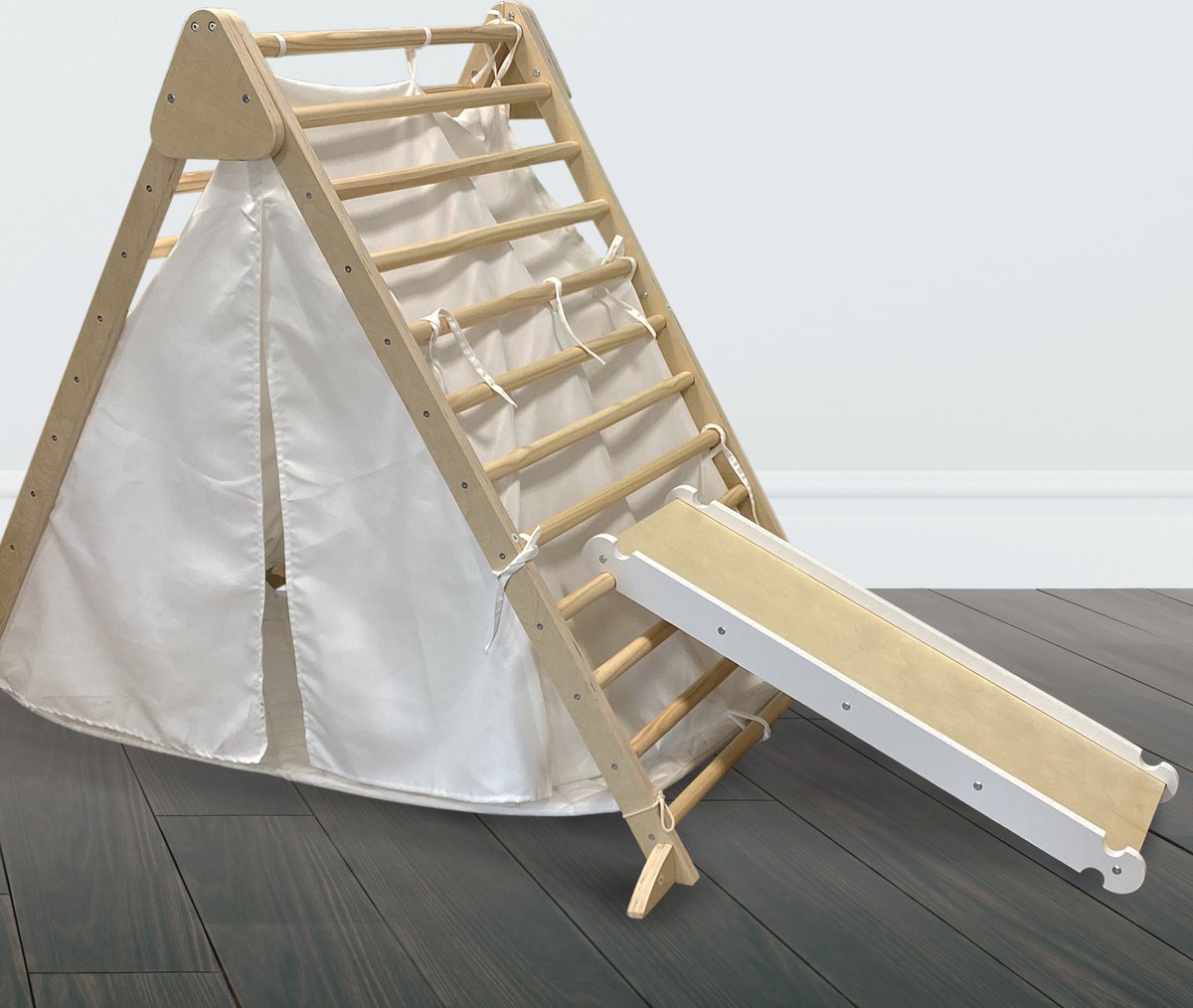 Maxx kidz - Houten Klimrek- 3 in 1 - Pikler Speeltoestel voor Binnen Inclusief Glijbaan - Tipi tent - Klimdriehoek met Doek - Tipi tent met klimrek - Hout Peuter Speelgoed