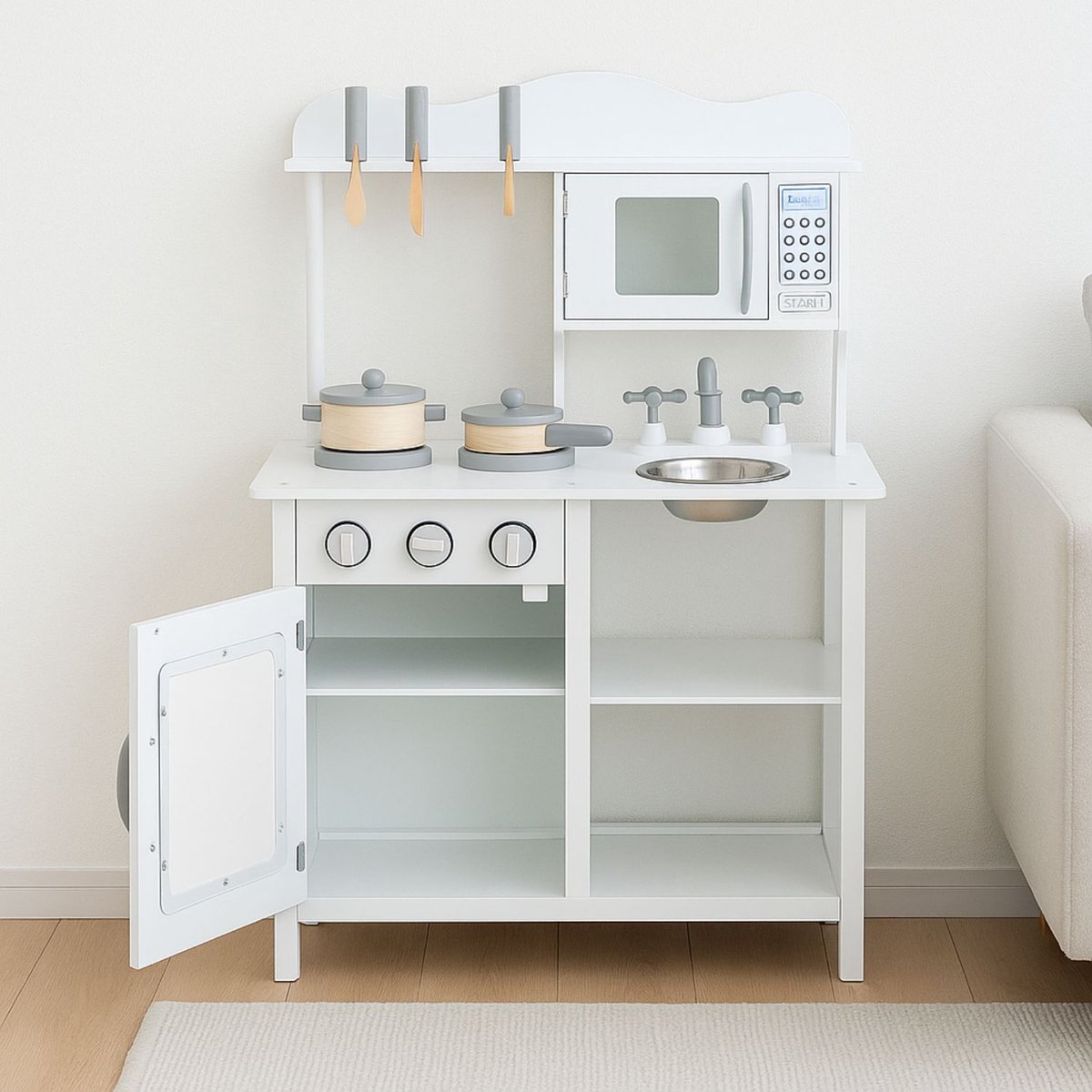 Maxx kidz - Houten Speelgoed Keuken - Complete Speelkeuken - Wit Keukentje - Stevige Kinderkeuken met Accessoires - Speelgoedkeuken met Pannetjes en Bestek