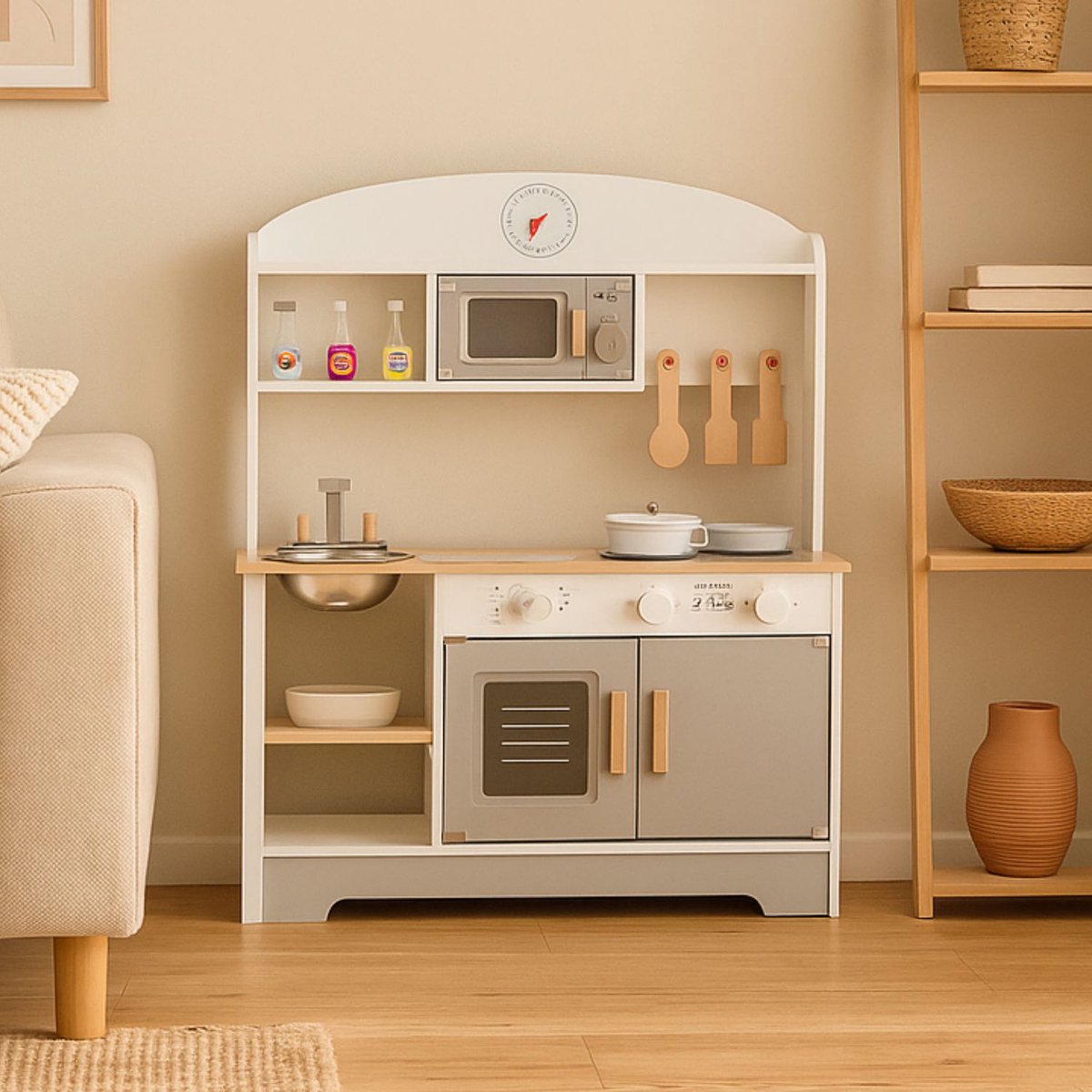 Maxx kidz - Houten Speelgoed Keuken - Complete Speelkeuken - Wit Keukentje - Stevige Kinderkeuken met Accessoires - Speelgoedkeuken met Pannetjes en Bestek