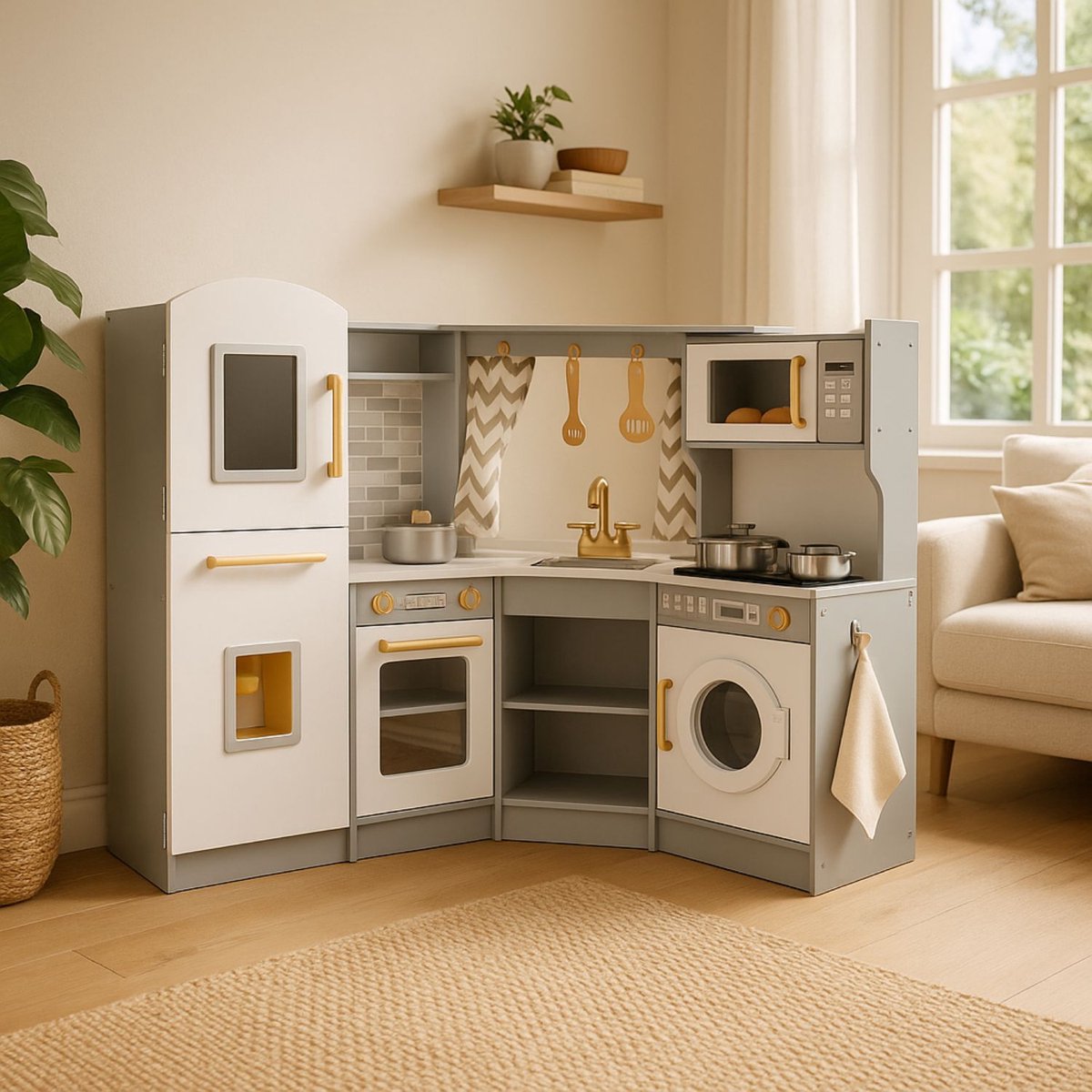 Maxx kidz - Houten Speelgoed Keuken Met Hoek - Complete Speelkeuken - Grijs Keukentje - Stevige Kinderkeuken met Accessoires - Speelgoedkeuken met Licht, Geluid en Pannetjes