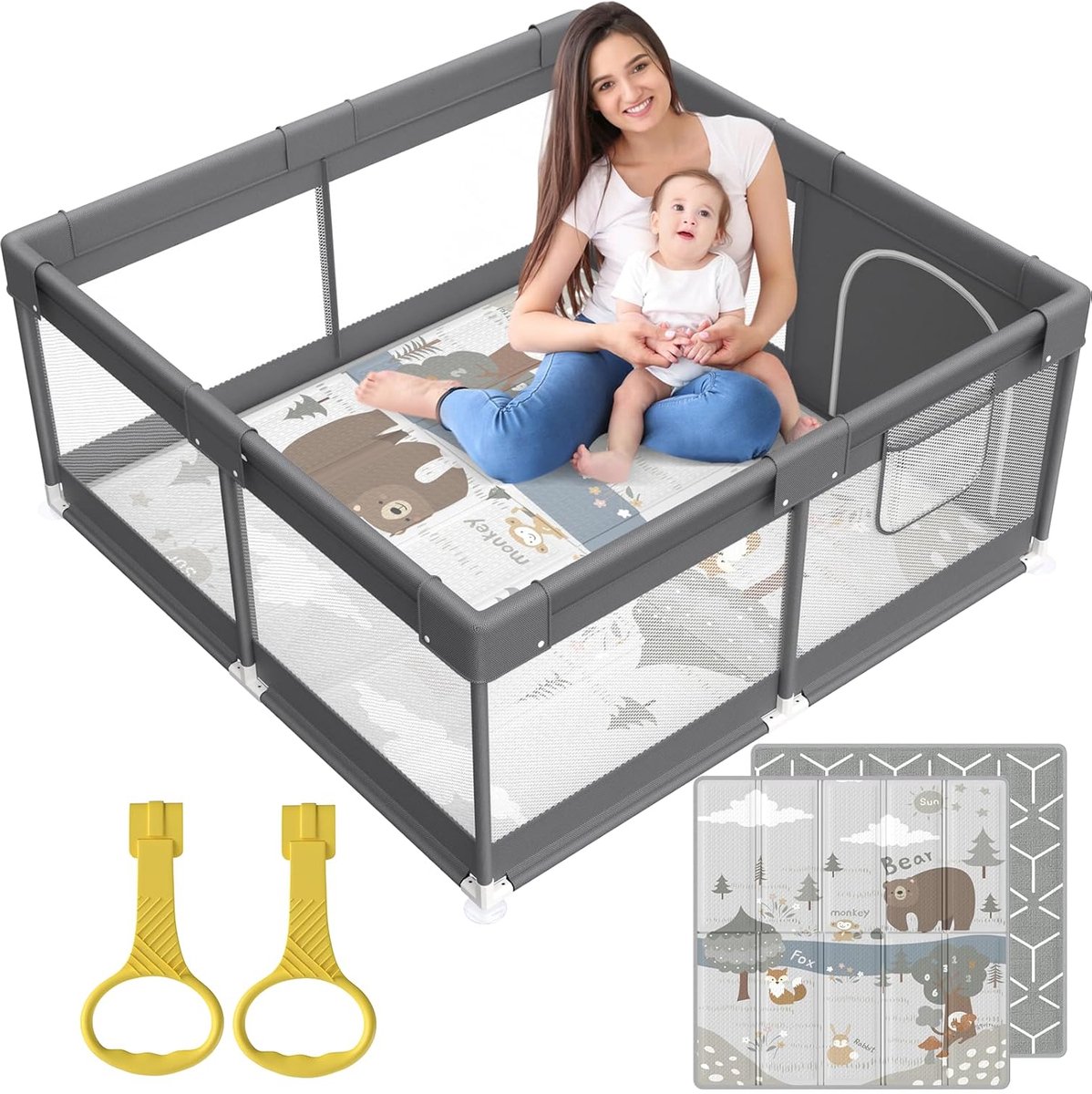Babybox met Mat & Matras – Opvouwbare Speelbox met Ademend Netdesign – Veilig, Ruim & Waterdichte XPE Speelmat 120x120 cm – Voor Baby’s & Peuters – Donkergrijs