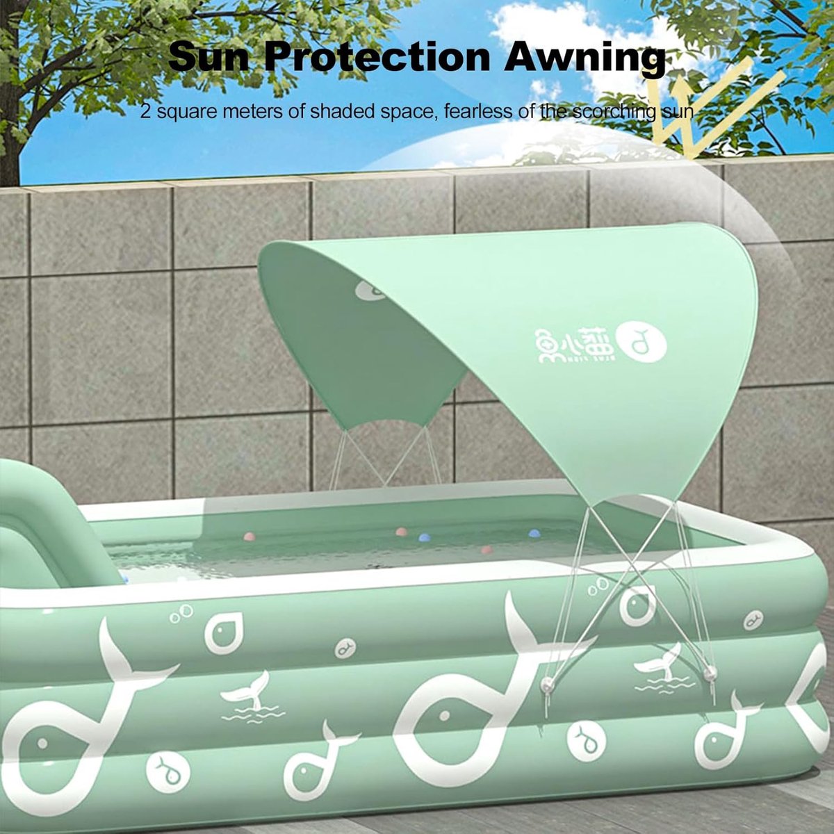 Groot Opblaasbaar Familie Zwembad met Ingebouwde Glijbaan en Zonnescherm – Sterk PVC Kinder- en Volwassenenbad met Snelle Afvoer – Perfect Voor Tuin, Zomer & Waterpret