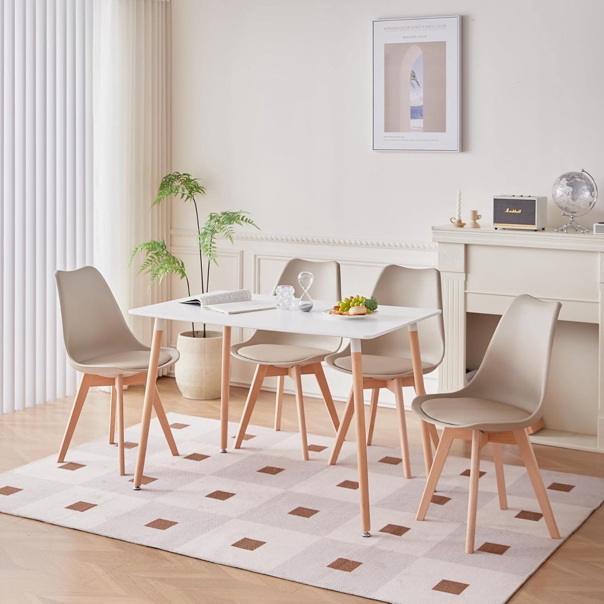Rechthoekige eettafelset met 4 stoelen - Moderne bruine keuken- en eetkamermeubels voor thuis, kantoor en café - Ergonomische PU-stoelen met beukenhouten poten, MDF-tafelblad, eenvoudige montage - Meda Home Store