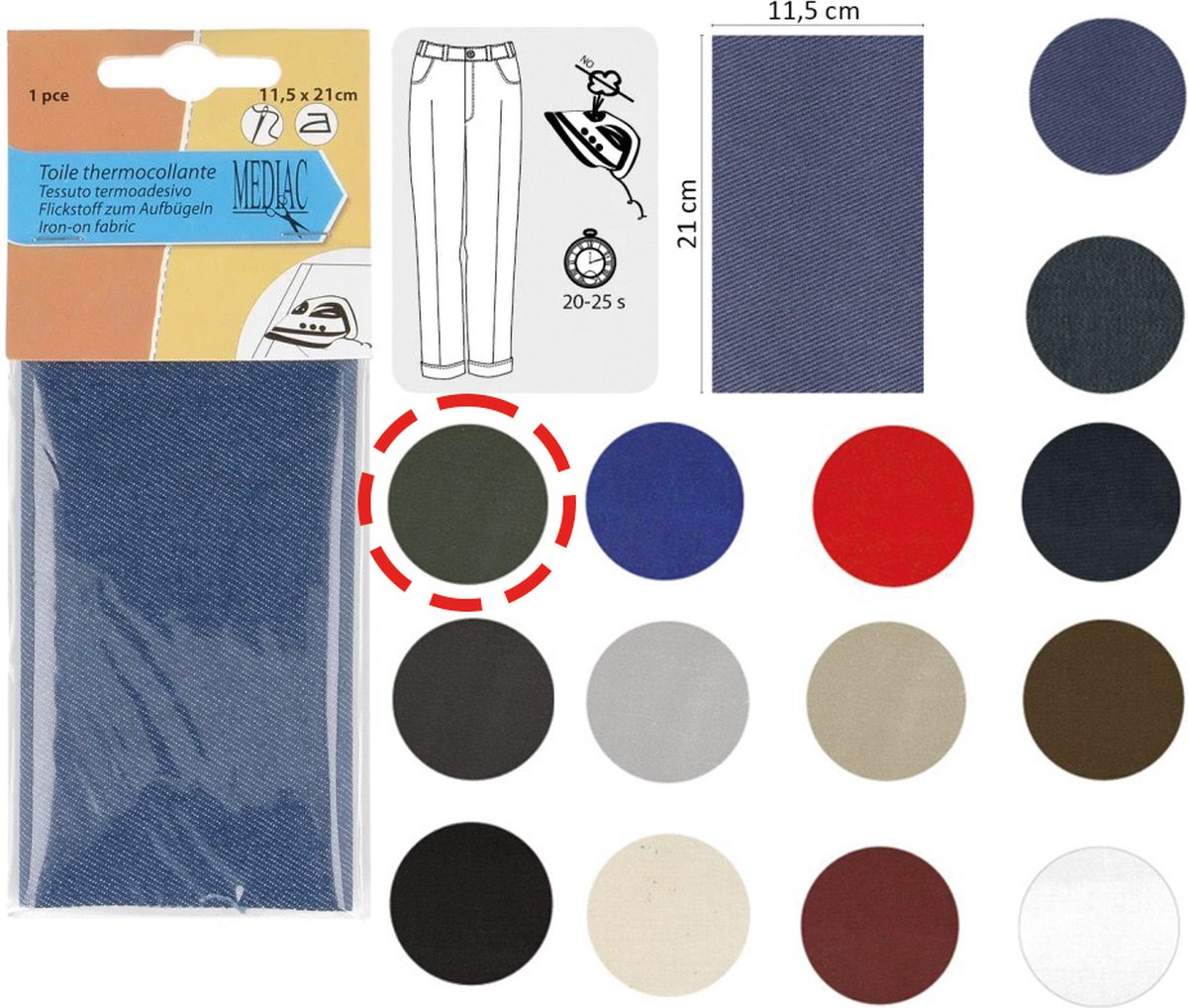 Opstrijk stof om gaatjes en scheurtjes te repareren - kaki groen - katoen - 11,5 x 21 cm