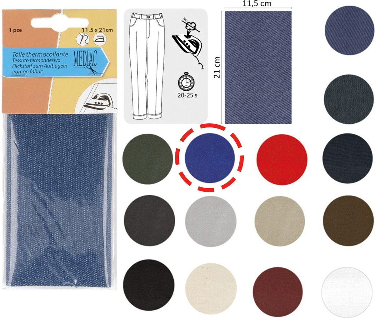 Opstrijk stof om gaatjes en scheurtjes te repareren - konings blauw - katoen - 11,5 x 21 cm