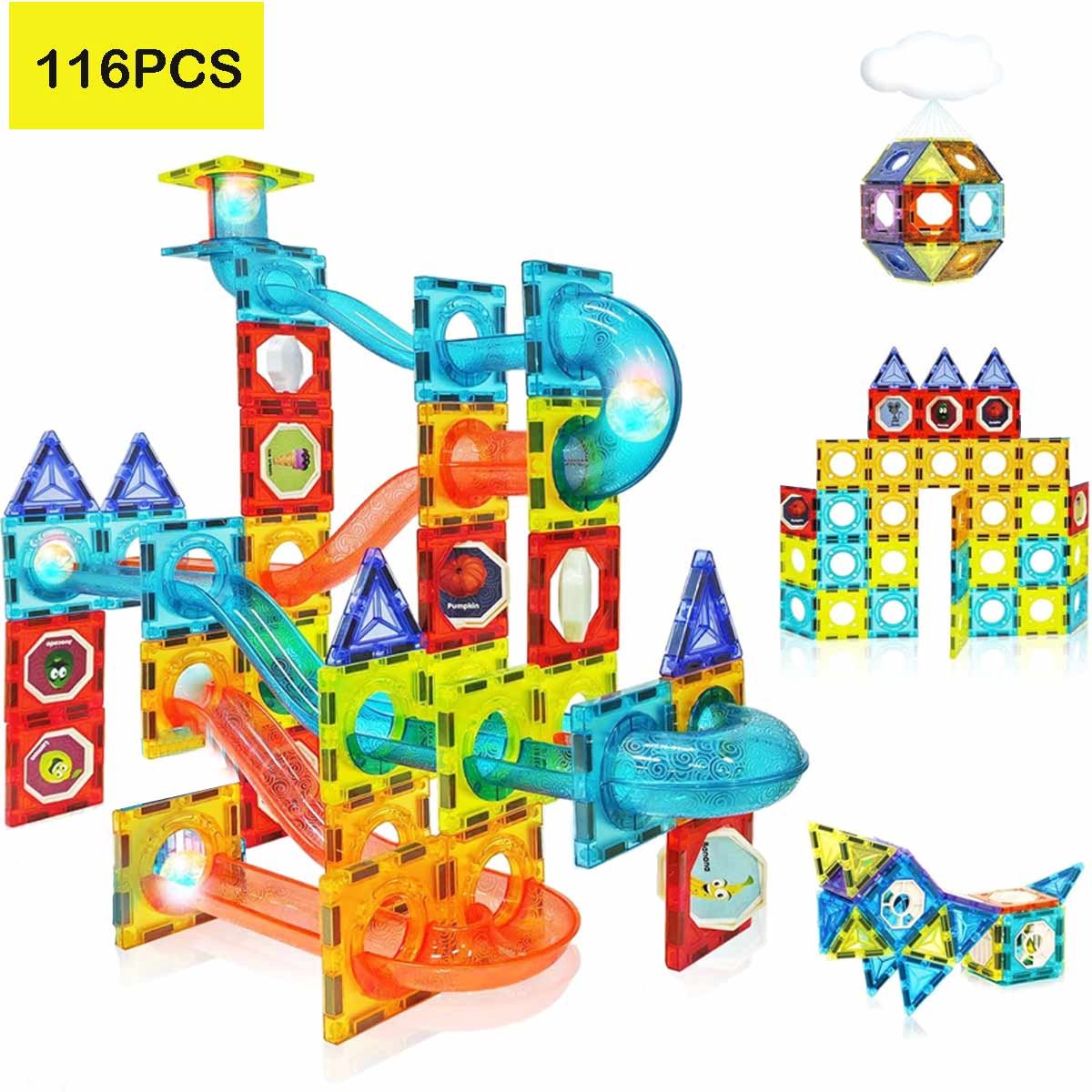 Meedeer 116 Stuks Magnetisch speelgoed-Magnetische Bouwstenen-3D Magnetisch Spoor Speelgoed voor Kinderen-Magnetische Blokken-Met lichteffecten- Montessori Puzzelblokken-Educatief Geschenk Bouwset Voor Jongens en Meisjes 3 Jaar +