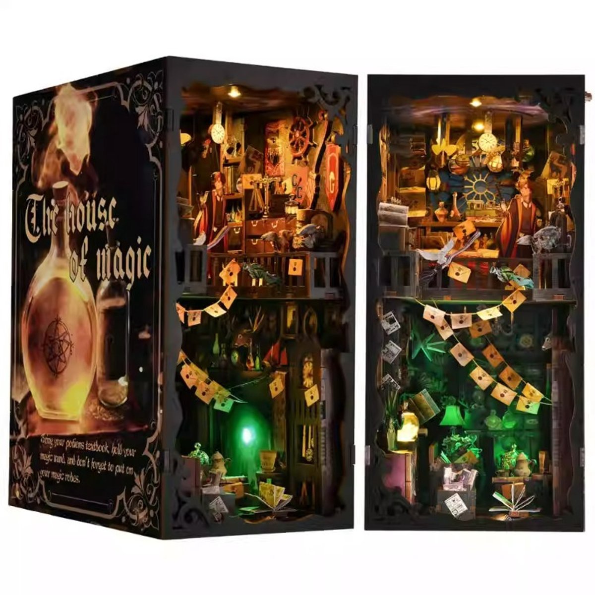 Meedeer DIY Book Nook Kit-3D houten puzzel boekensteunen-DIY miniatuur poppenhuis kit- Magisch Huis-Magische wereld-Booknook modelbouwset Met led en stofkap-houten modellen om te bouwen voor volwassenen