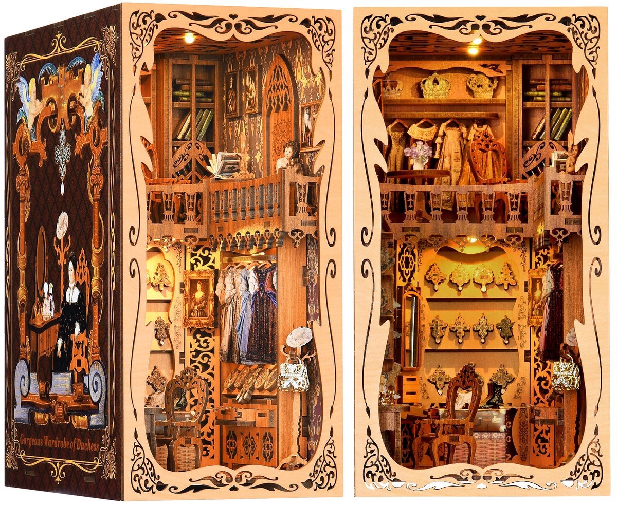 Meedeer DIY Book Nook Poppenhuizen Kit-The Duchesss Wardrobe-DIY miniatuur huiskit Met led en stofkap-3D puzzel boekensteunen van hout-modelbouwsets voor volwassenen om te bouwen