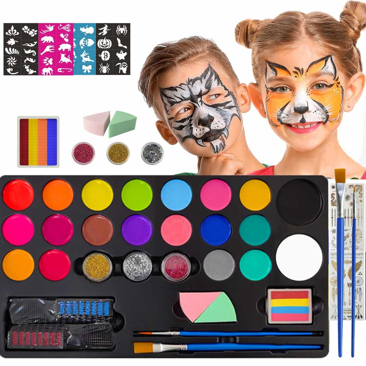 Meedeer Schmink Kinderen -20 kleuren & 3penselen op waterbasis- veiligheidscertificering- Schminkset - Make up Kinderen - Face paint palette - Grime Schmink palet - Kinderschmink voor mooi grimas - Grimeren