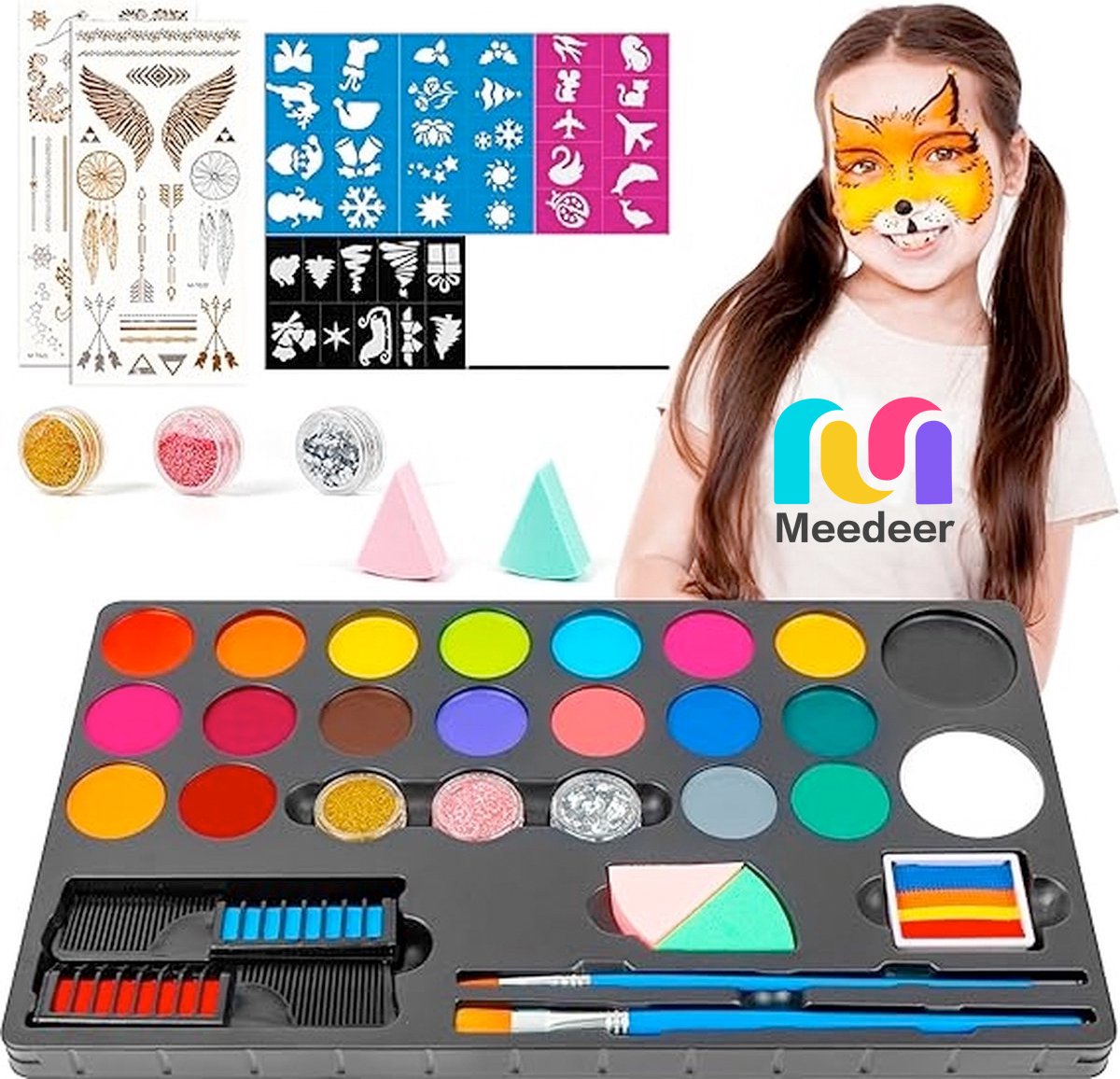 Meedeer Schminkset Kinderen -20 kleuren & 3 penselen & 4 sjablonen & 2 haarkrijten & 3 glitters & 2 spons & 1 Rainbow Paint & 2 tattoostickers- veiligheidscertificering- Make up Kinderen - Grime Schmink palet - Kinderschmink Grimeren