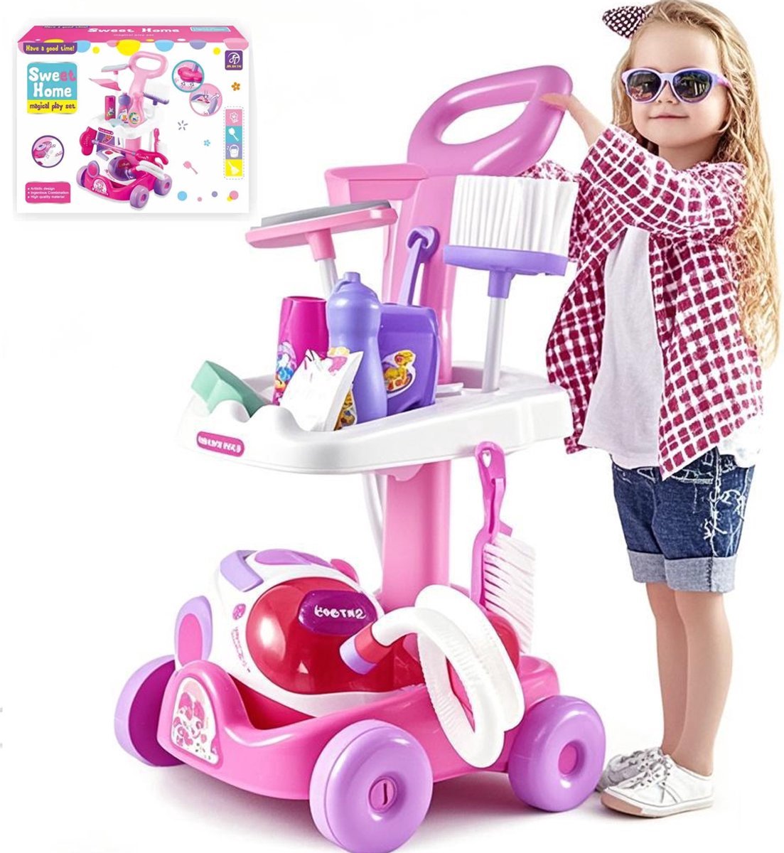 Meedeer Schoonmaaktrolley-Schoonmaakset Kinderen-Speelgoed Stofzuiger-Montessori Speelgoed-Huishoudelijke schoonmaaktrolley speelset-Schoonmaakset Speelgoed voor Kinderen-4 tot 6 Jaar-11 Delig-Inclusief bezems-borstels-Roze