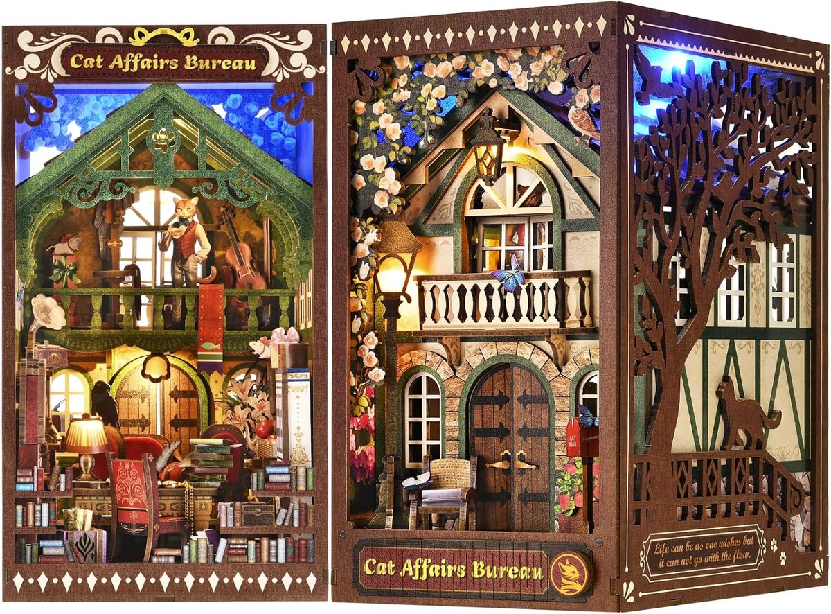 Meeder Book Nook Kit-Houten modelbouw voor Volwassenen-Katten kantoor-Tweezijdig model Bouwpakket-Met led en stofkap-DIY Miniatuur Poppenhuis Boekennook -3D Houten Boekennook Miniatuurkit met LED-licht