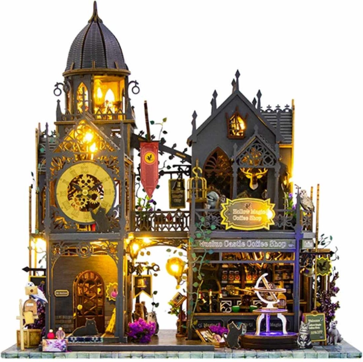 Premium DIY miniatuur poppenhuis kit-houten modelbouw-3D Puzzle-Magic Kasteel-Magisch houten poppenhuis met Led-Halloween Handgemaakte Houten-creatief bouwmodel speelgoed poppenhuis voor jongens en meisjes