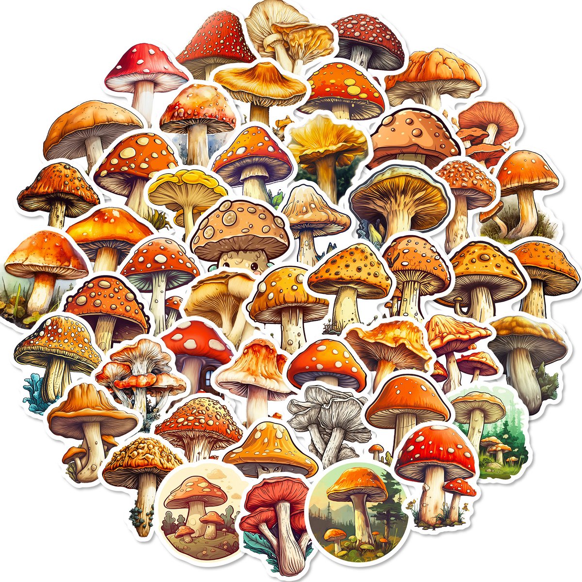 Stickerset Paddenstoelen - 50 stuks - Paddenstoel sticker - Mushroom stickers