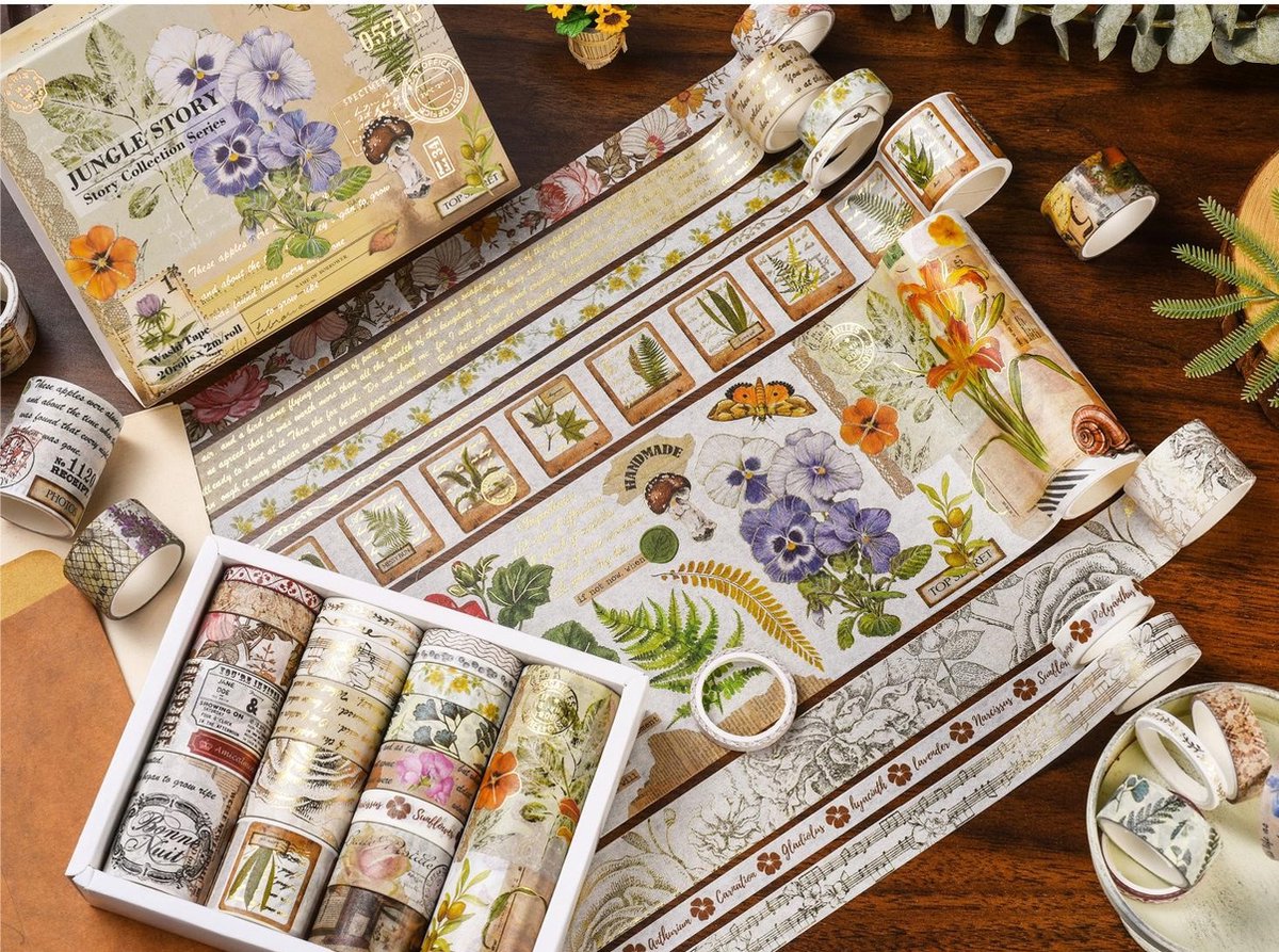Washi tape set - Jungle Story - 20 rollen - - Masking tape - Leuk voor o.a. bulletjournal, scrapbooking, in agendas en voor het maken van kaarten