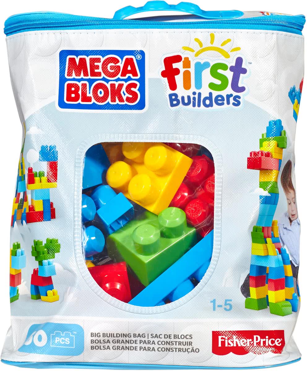 Mega Bloks First Builders 60 Maxi blokken met tas - Blauw - Contructiespeelgoed