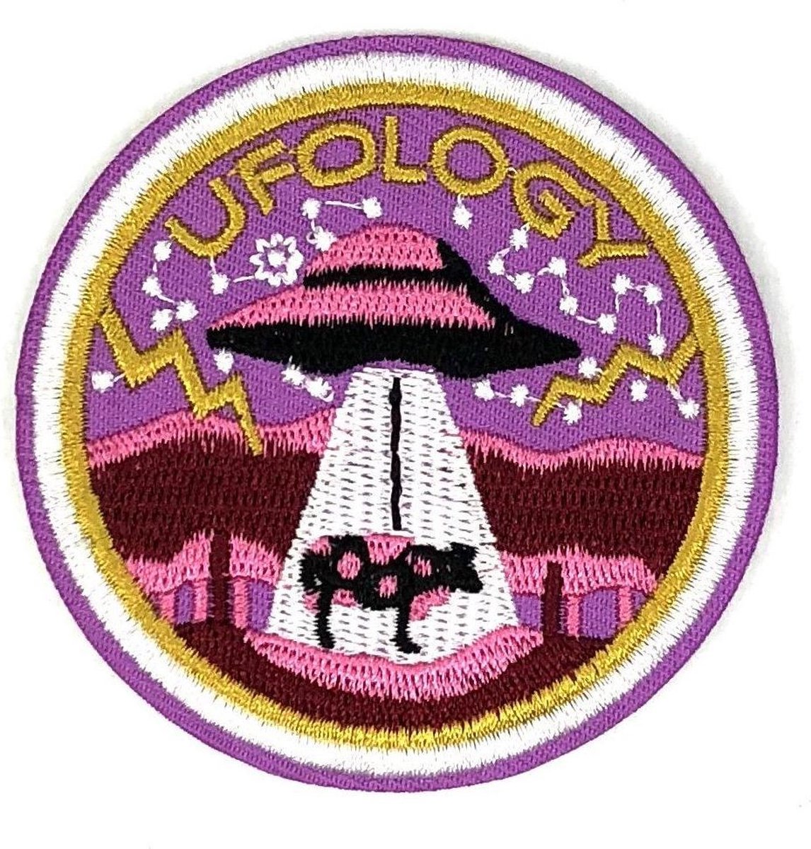   Roze UFO Met De Tekst UFOLOGY Patch 7 cm diameter