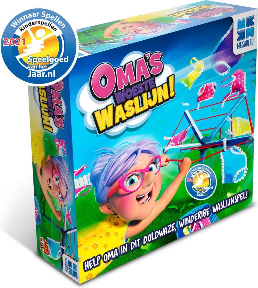 Omas Woeste Waslijn - Actiespel - Spelletjes voor Kinderen - Met Draaiende Waslijn