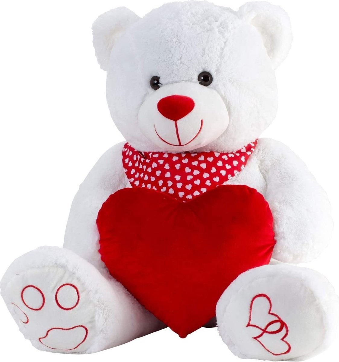 Superzachte Pluche Knuffelbeer XXL - wit met rood - 100 cm. – Knuffelbeer met Hartjes en Sjaal - Valentijn / Moederdag