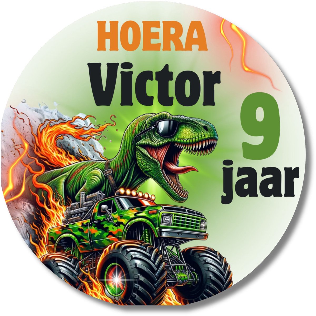 Dino stickers met naam & leeftijd – 20 stuks – monster truck auto – verjaardag – 40 mm