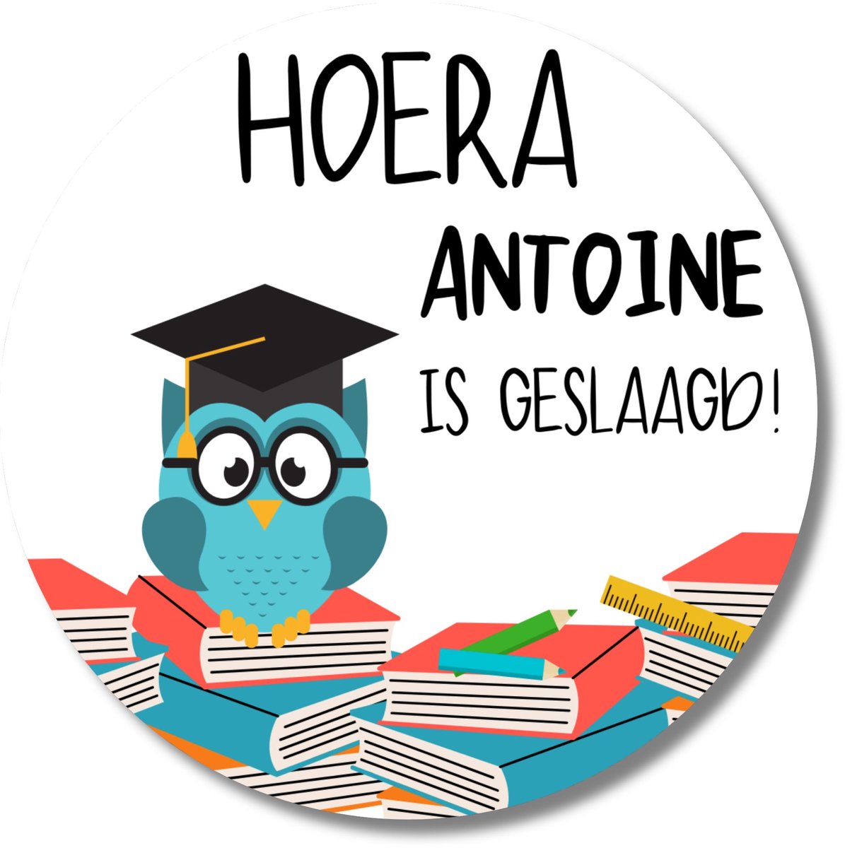 Geslaagd stickers met naam – 20 stuks – uil – school diploma gehaald