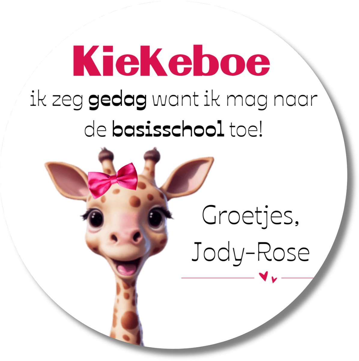 Sticker giraffe ‘Kiekeboe’ – 20 stuks – afscheid basisschool – roze – met naam