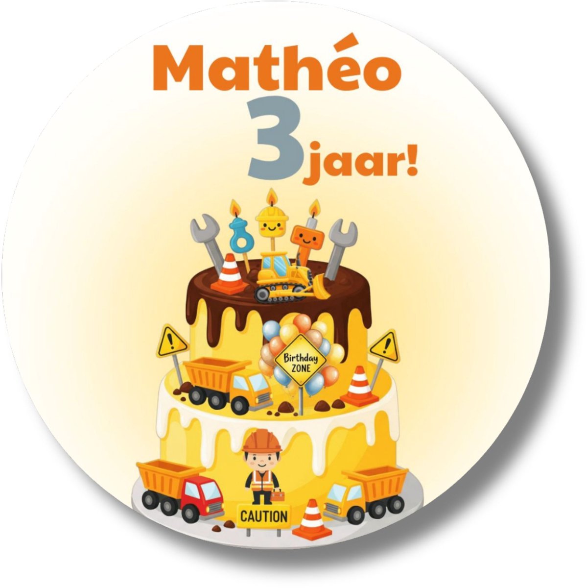 Stickers Verjaardag Bouwfeest – 20x Rond 4 cm – Gepersonaliseerd met Naam & Leeftijd – Graafmachine, Vrachtwagen & Taart