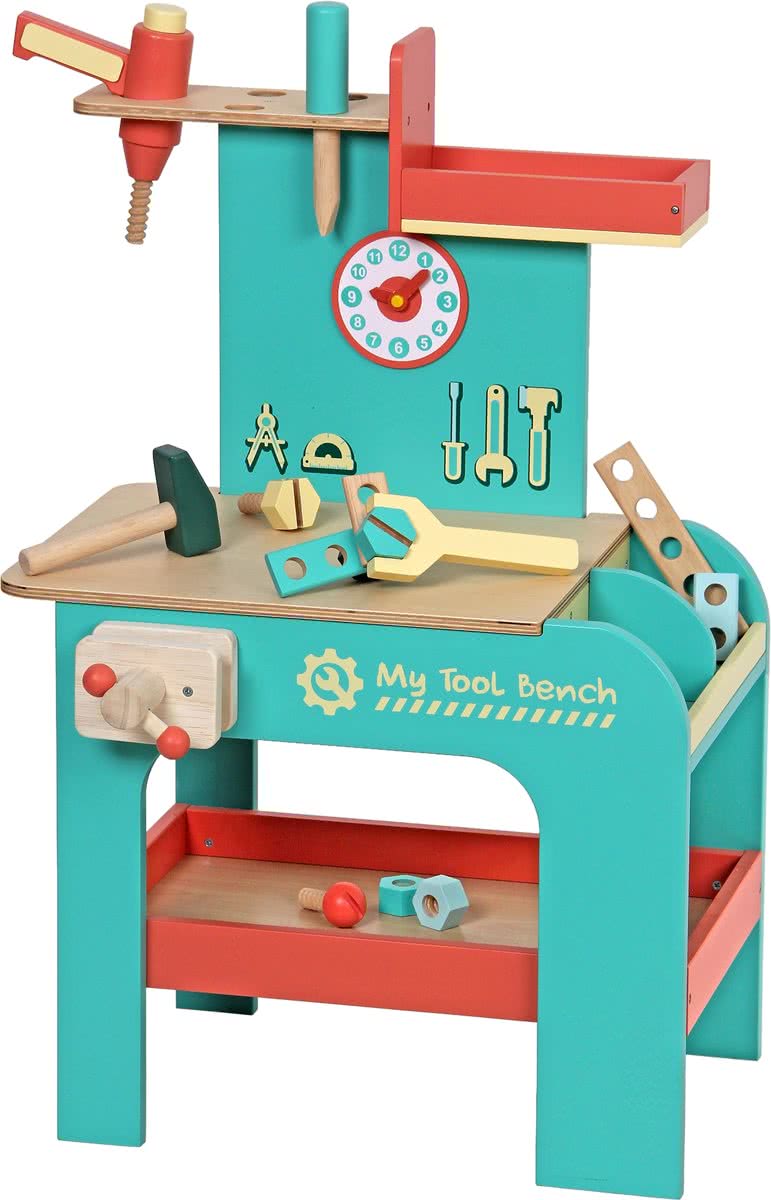   - Grote houten werkbank turquoise blauwgroen - inclusief accessoires