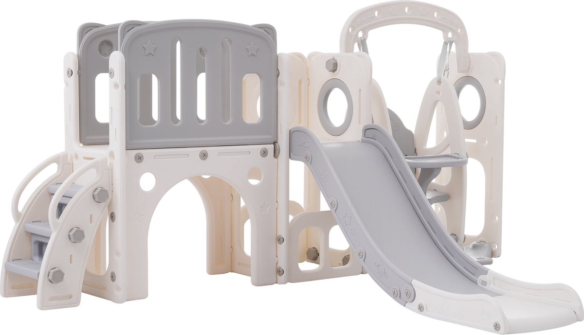 Merax 7-in-1 Glijbaan voor Kinderen met Schommel - Basketbalring - Platform - Opbergruimte en Boorspel – HDPE – Veilig en Compact Ontwerp