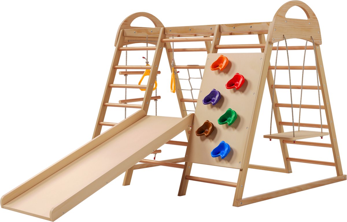 Merax 7-in-1 Houten Klimtoestel – Schommel - Glijbaan - Klimwand - Touwladder en Ringen – Binnen en Buiten – Tot 50 kg – Vanaf 3 Jaar