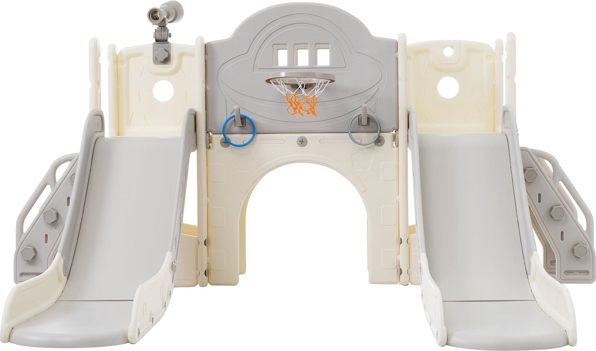 Merax 8-in-1 Glijbaanset met Klimmuur – Dubbele Glijbanen, Basketbalring, Ringwerpen, Telescoop en Opbergruimte – Grijs met Wit – Speeltoestel voor Binnen en Buiten