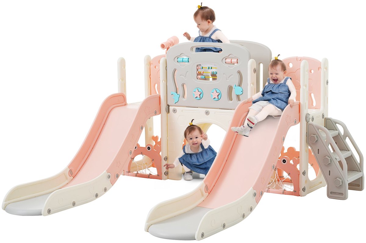 Merax 8-in-1 Kinderspeeltuin Set - Speeltoestel met Glijbanen - Tunnel - Basketbalstand en Klimrek - Voor Binnen en Buiten - Baby Roze - HDPE - 197x167x98 cm
