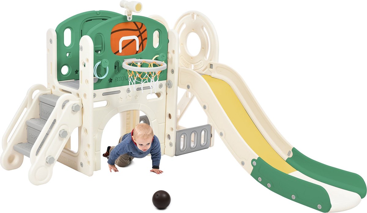 Merax Glijbaan Speeltoestel voor Kinderen met Basketbalring, Tunnel, Trap en Opbergbox – 200 cm Lange Glijbaan – Peuterspeelgoed voor Binnen en Buiten – HDPE Kunststof – Groen met Crème