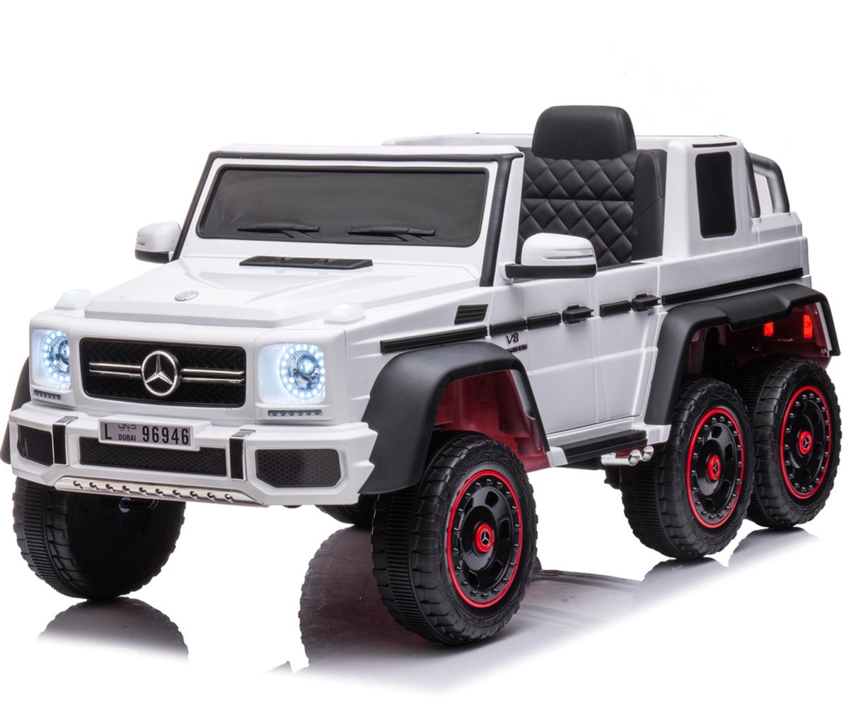 Mercedes G63 6X6 AMG 12V Elektrische Kinderauto, Accu auto voor kinderen met rubberen banden en lederzitje en afstandsbediening Wit