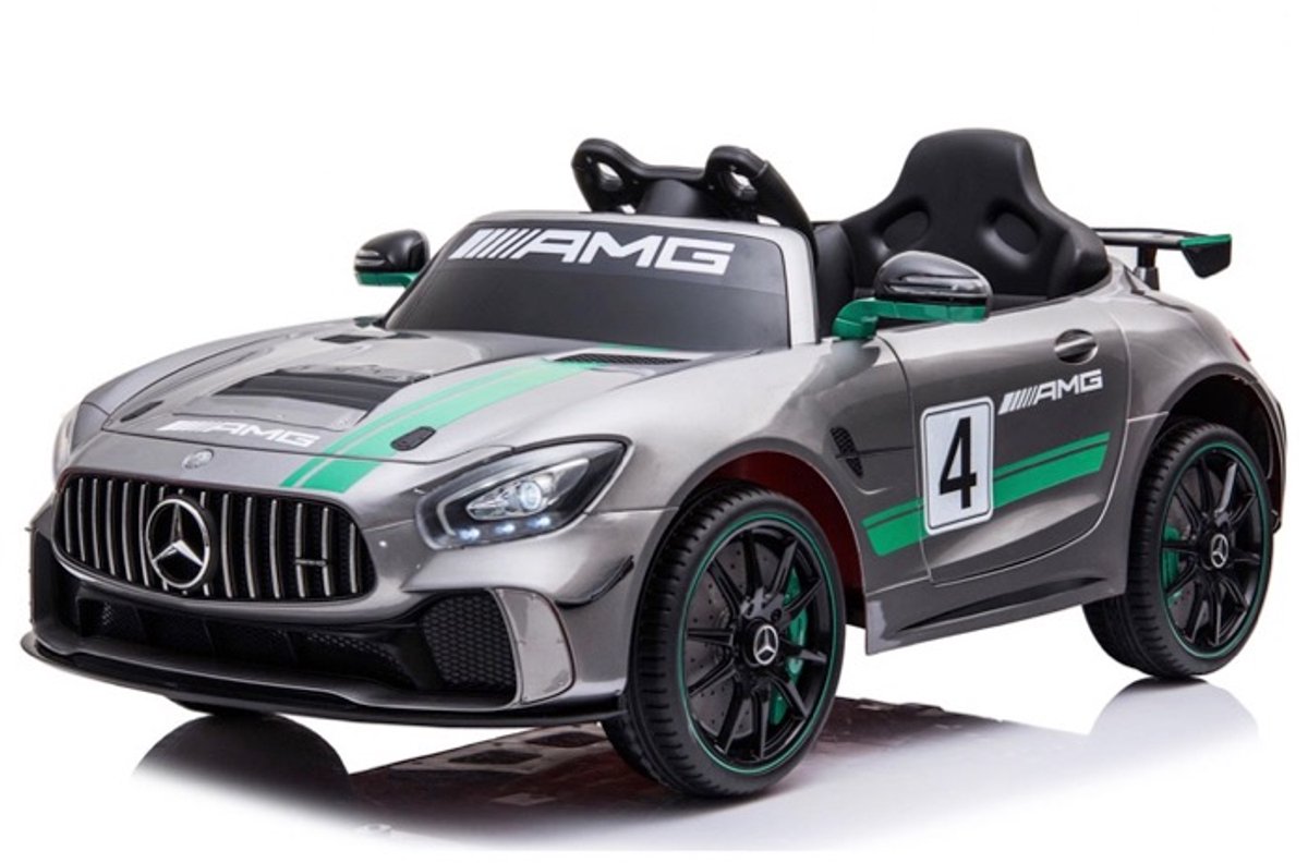 Mercedes-Benz GT4 AMG - Elektrische Kinderauto - Grijs - 1 Persoons Kinderauto - Afstand Bestuurbaar - MP4 Touch Screen - Muziek Module - 12v - Kunst leder zitje - Rubberen banden