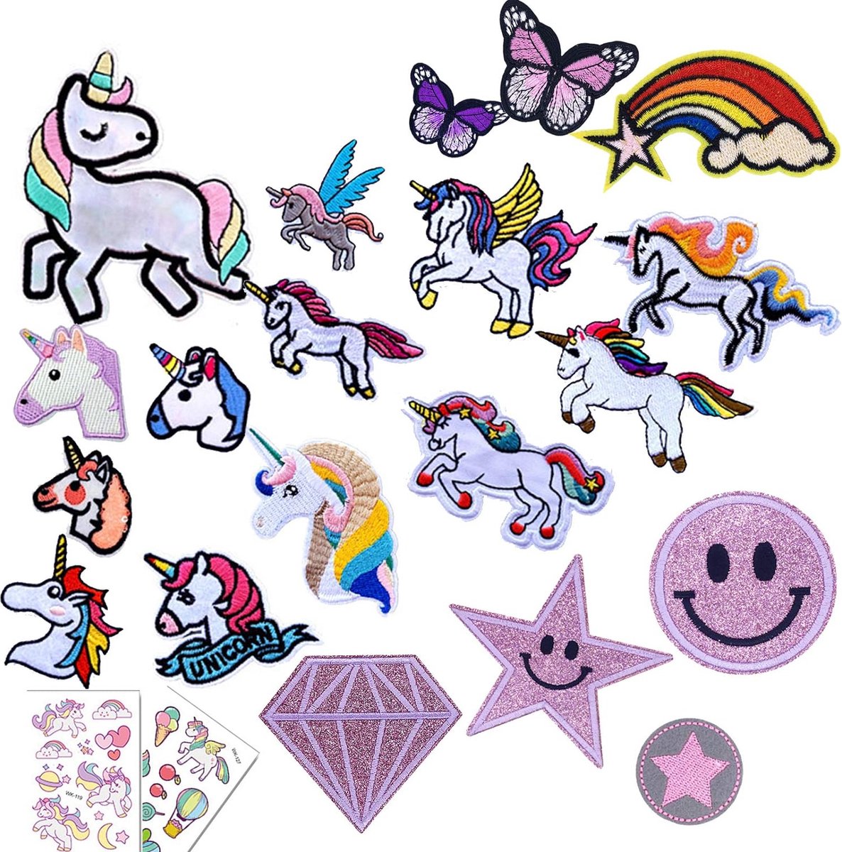 20 stuks gemengde strijkapplicaties om op te strijken, opstrijkpatches, eenhoorn, applicatie eenhoorn om op te naaien, set voor volwassenen, meisjes, kinderknieën, jongens, jeans met smiley, sterren,